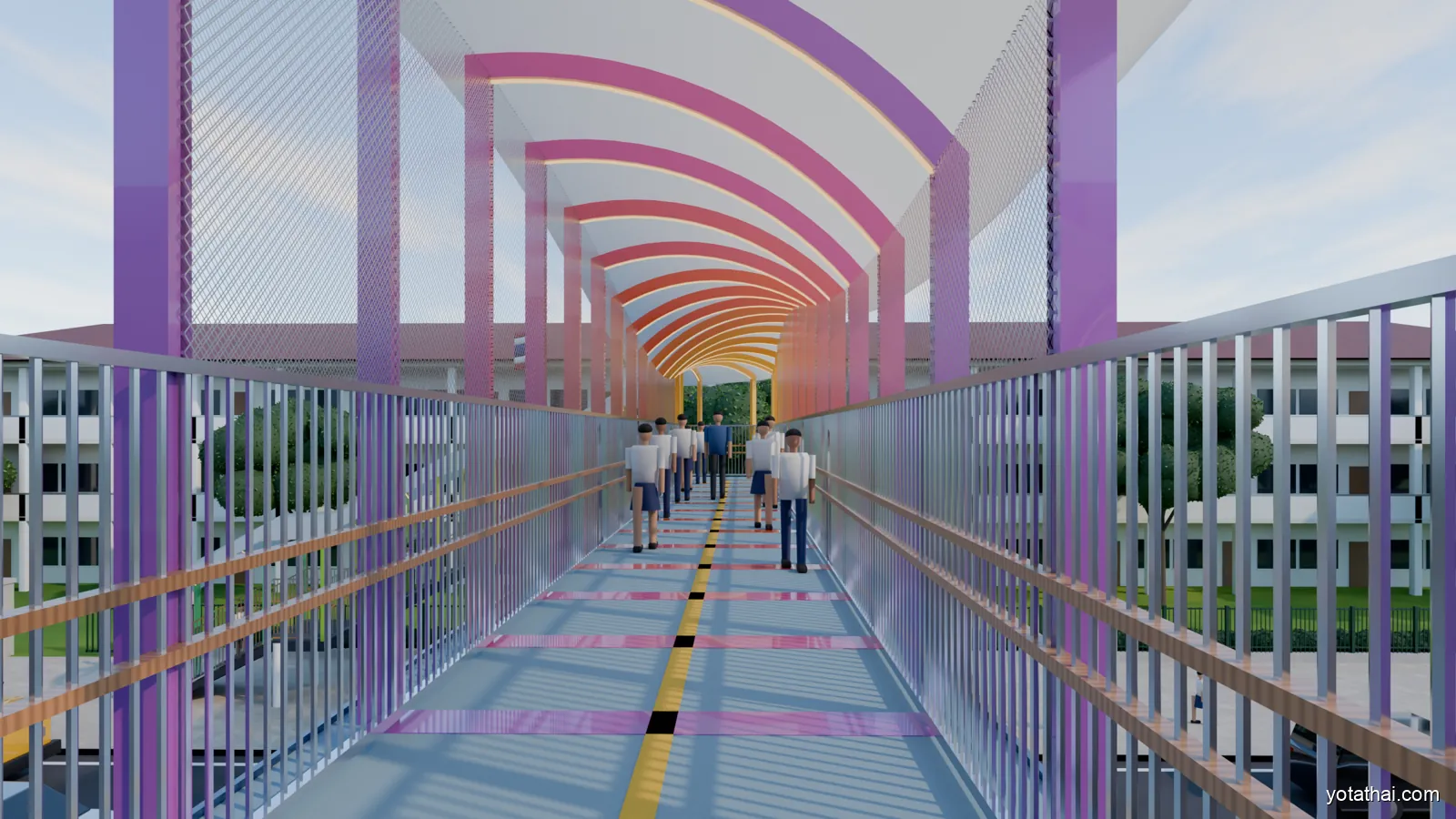 สะพานลอยหน้าโรงเรียน หลังคาริบบิ้นสายรุ้ง